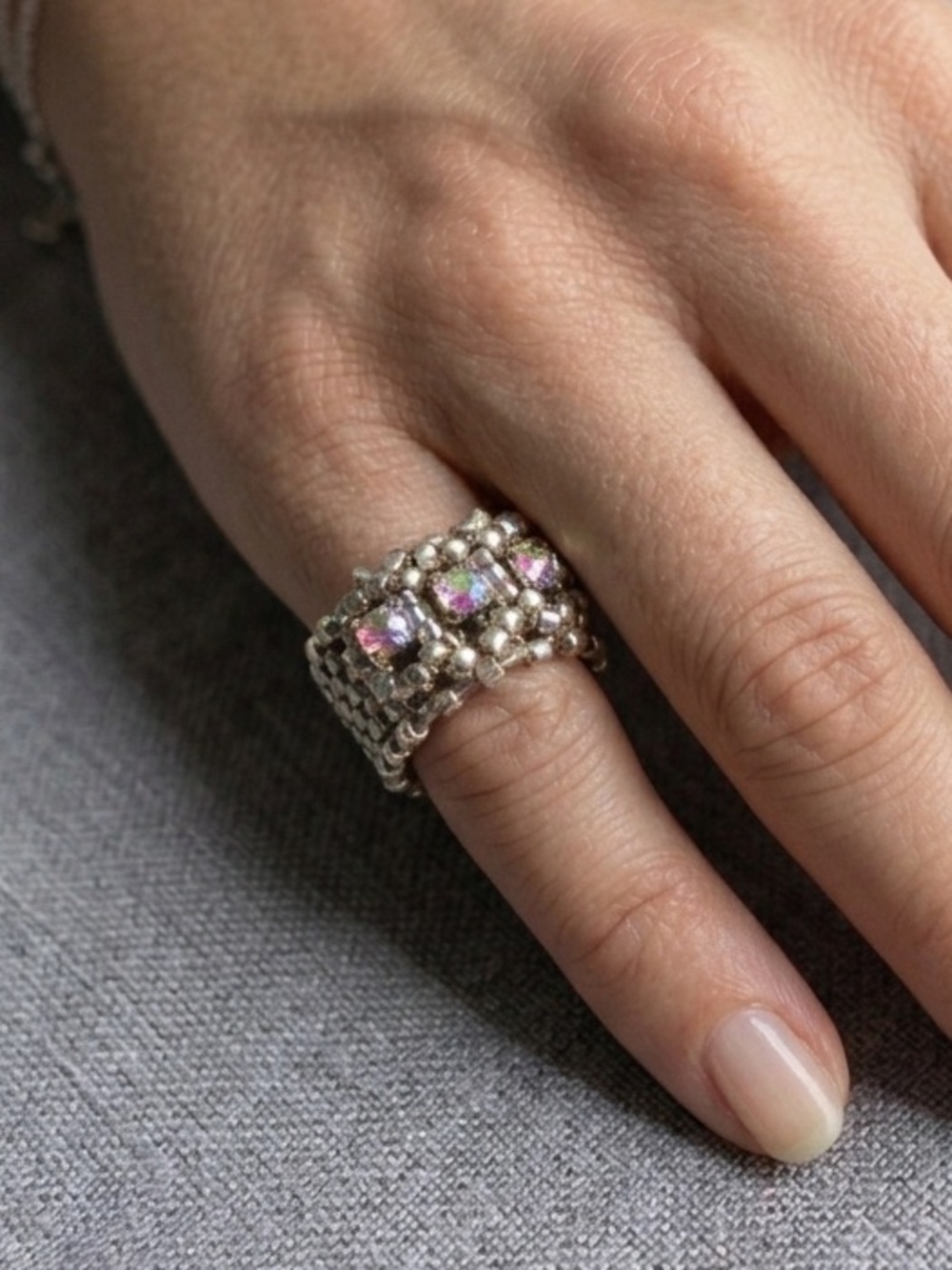 Handmade Swarovski Crystal Delica Beaded Band Ring Size 5